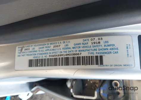 2004 Volkswagen Jetta Gls 2.0L from USA, damaged, VIN 3VWSK69M14M008667